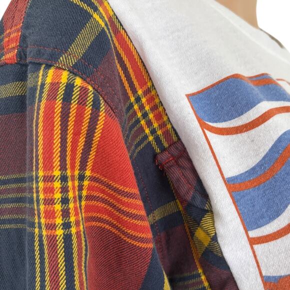 Upcycled MTV Flannel Patchwork Shirt Grunge Y2K Retro Plaid Top Ruffle Colorful - Picture 4 of 8